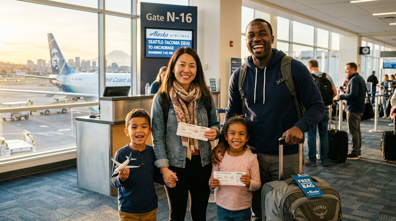 Diverse family at Alaska Airlines gate using Atmos Rewards benefits 2026