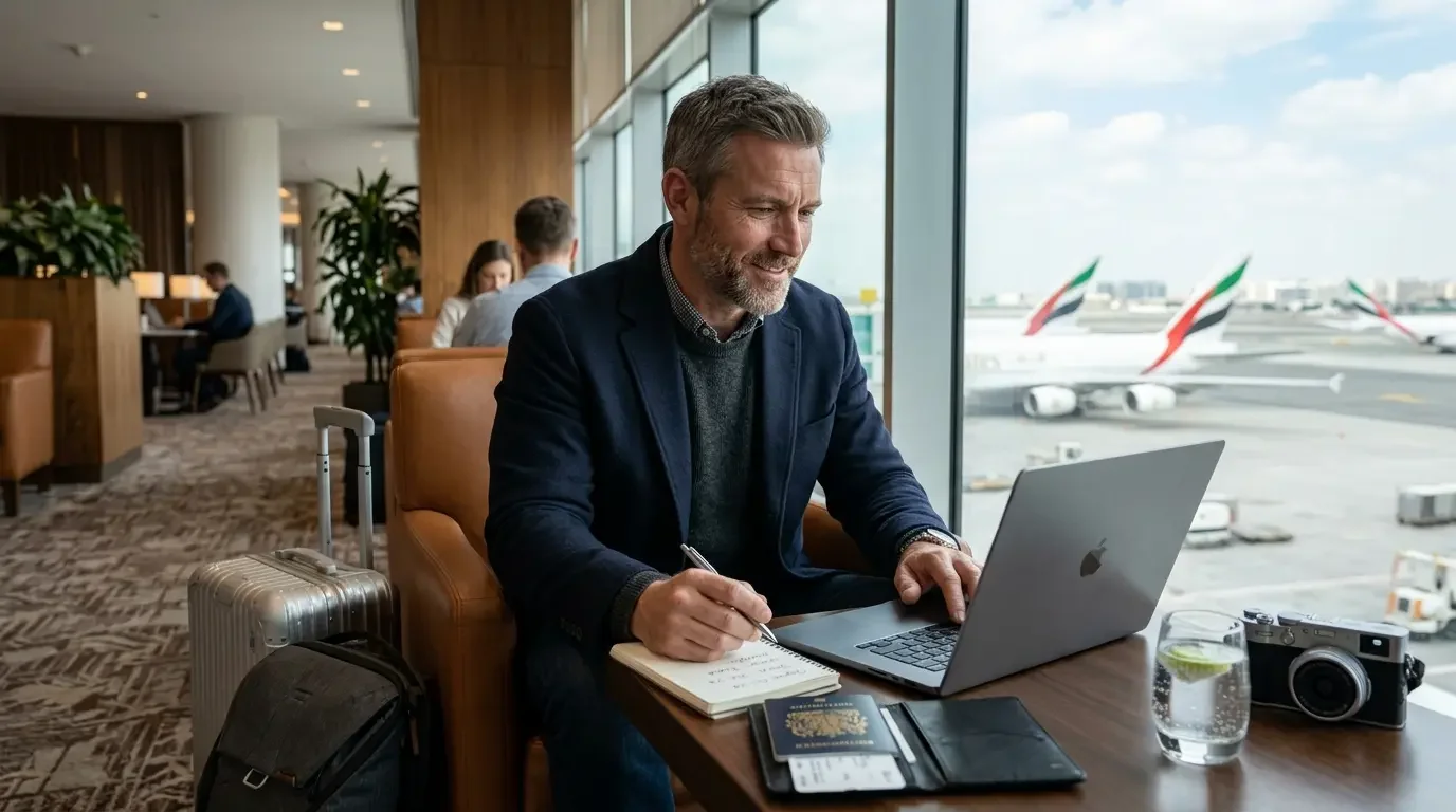 Thoughtful traveler deciding on next trip while relaxing in airport lounge with Amex Platinum 2026