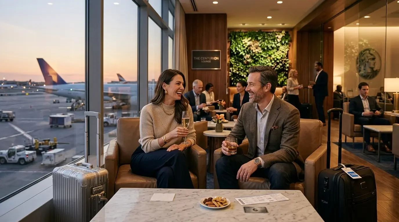 Frequent flyer couple relaxing in Centurion Lounge before international flight with Amex Platinum 2026