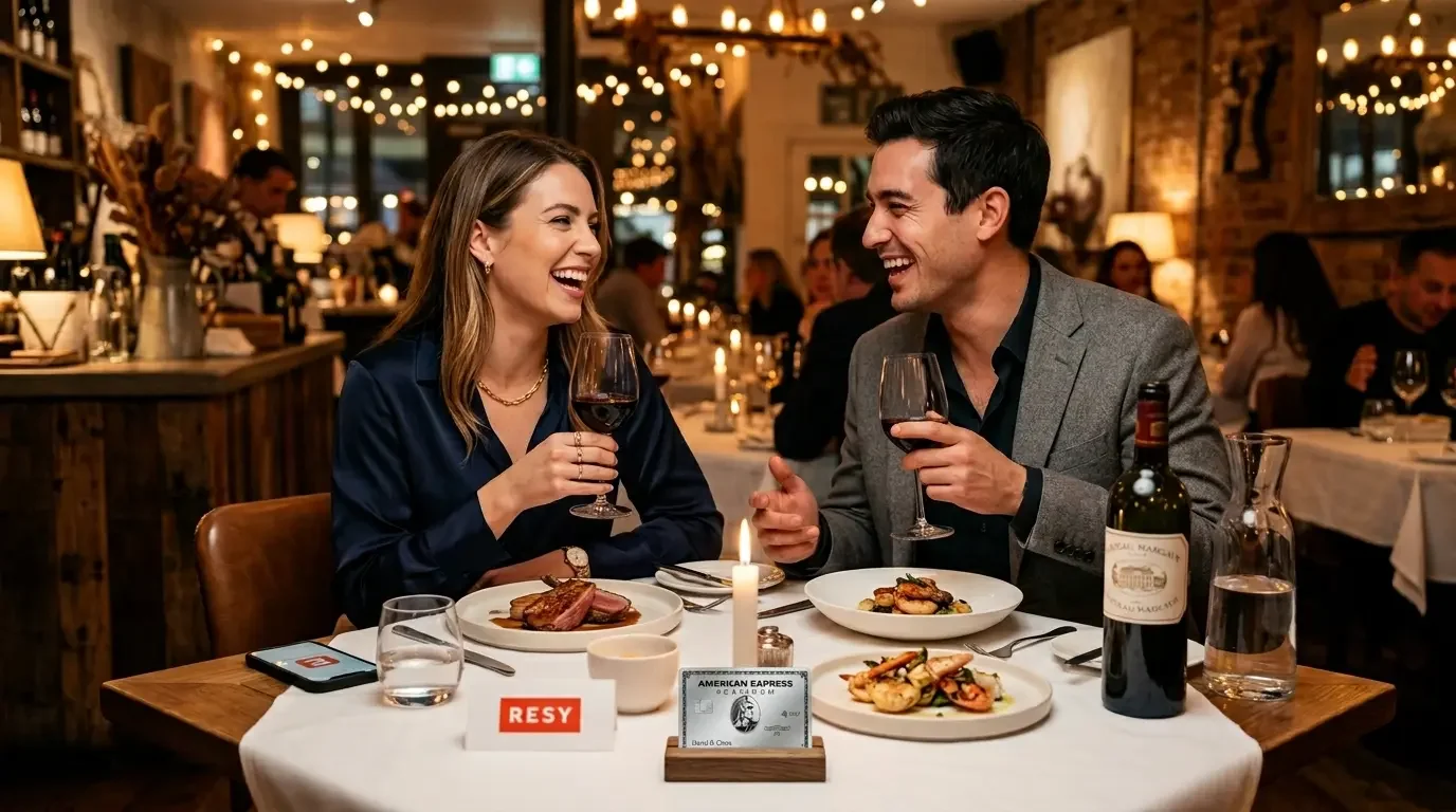 Couple enjoying dinner at Resy restaurant using $400 Amex Platinum dining credit 2026