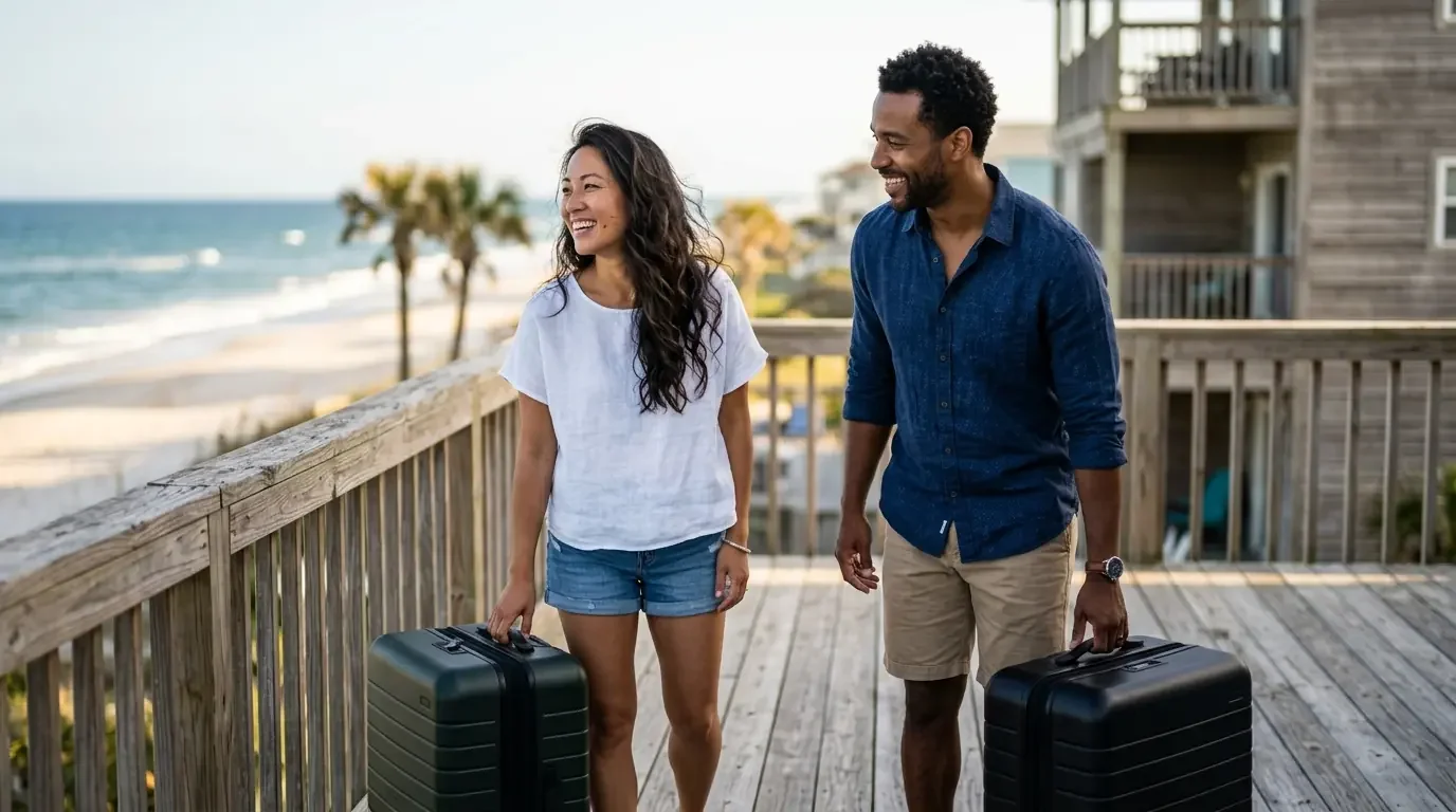 Couple arriving at luxury vacation rental using Bilt Rewards points