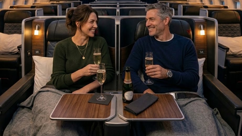 Traveler couple enjoying Delta One Suites using Chase 20% transfer bonus to Aeroplan April 2026