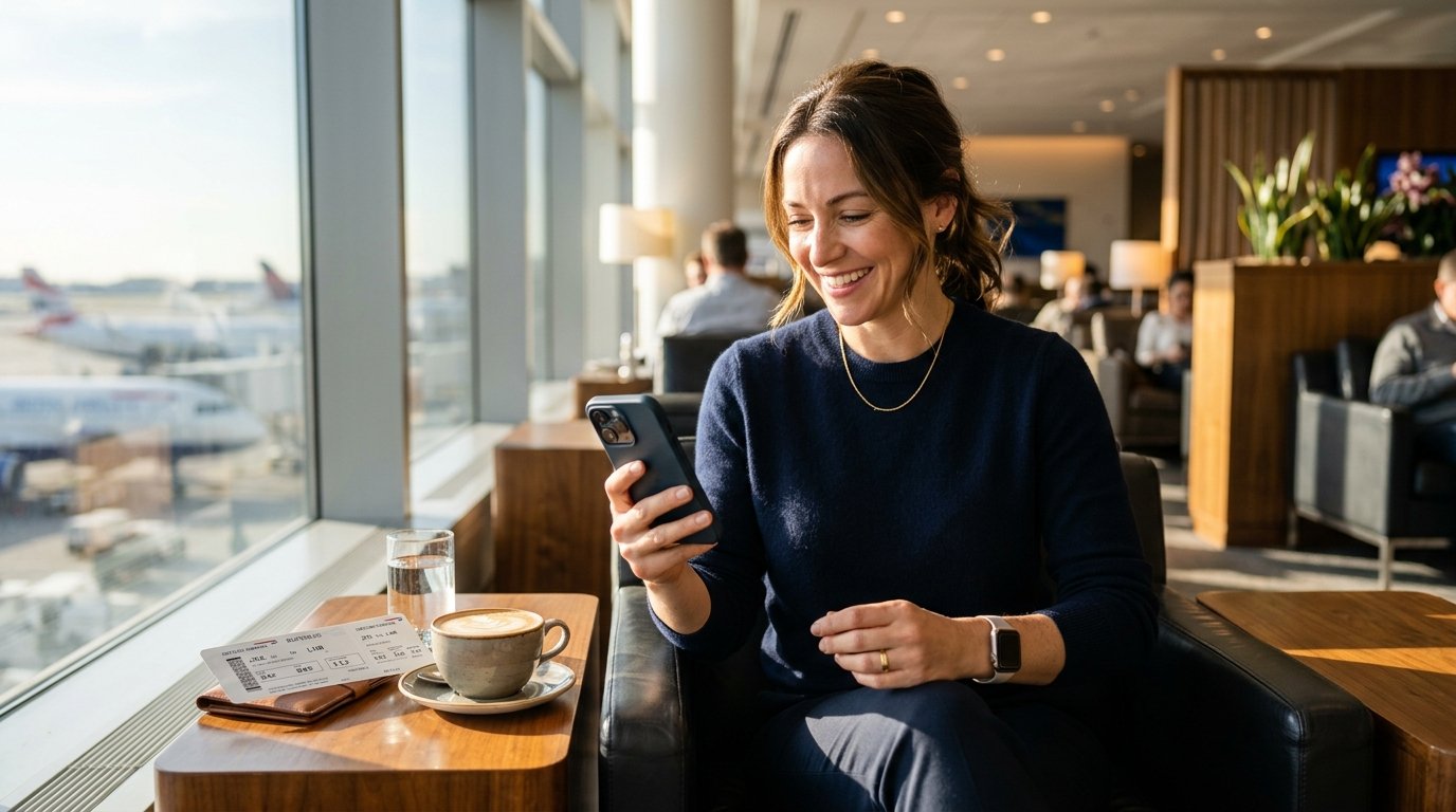 Traveler in luxury airport lounge after Citi ThankYou 30% transfer bonus to Virgin Atlantic April 2026
