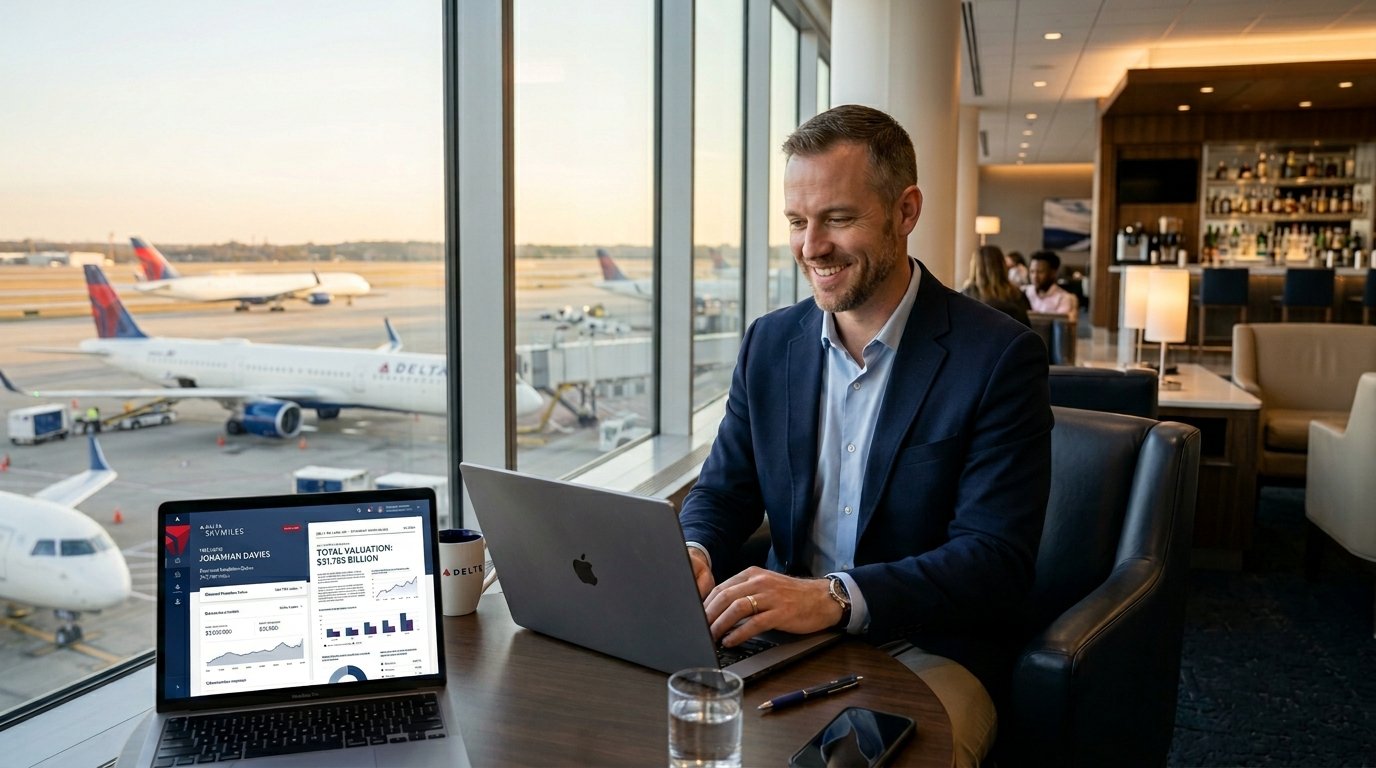 Traveler in Delta Sky Club reviewing $31.783 billion SkyMiles 2026 valuation report
