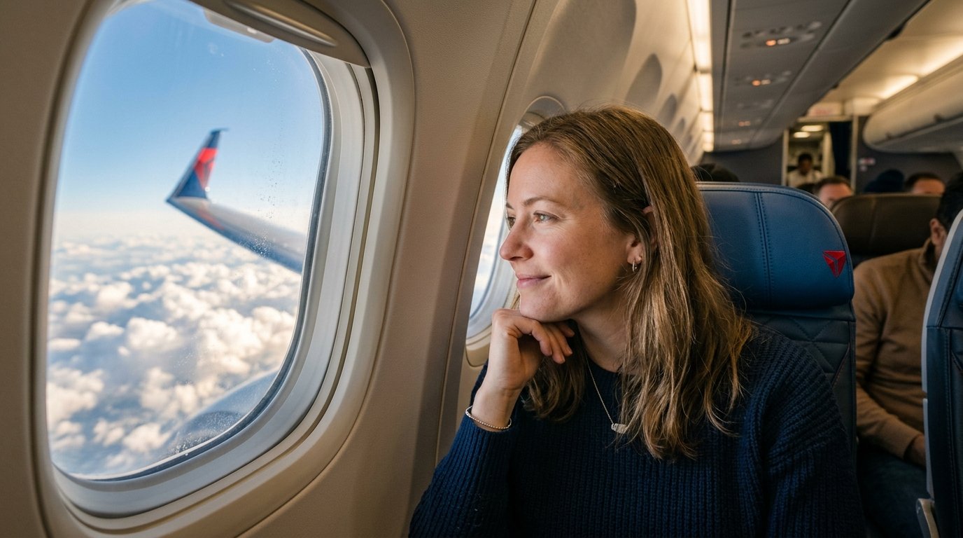 Traveler reflecting on Delta SkyMiles benefits value 2026