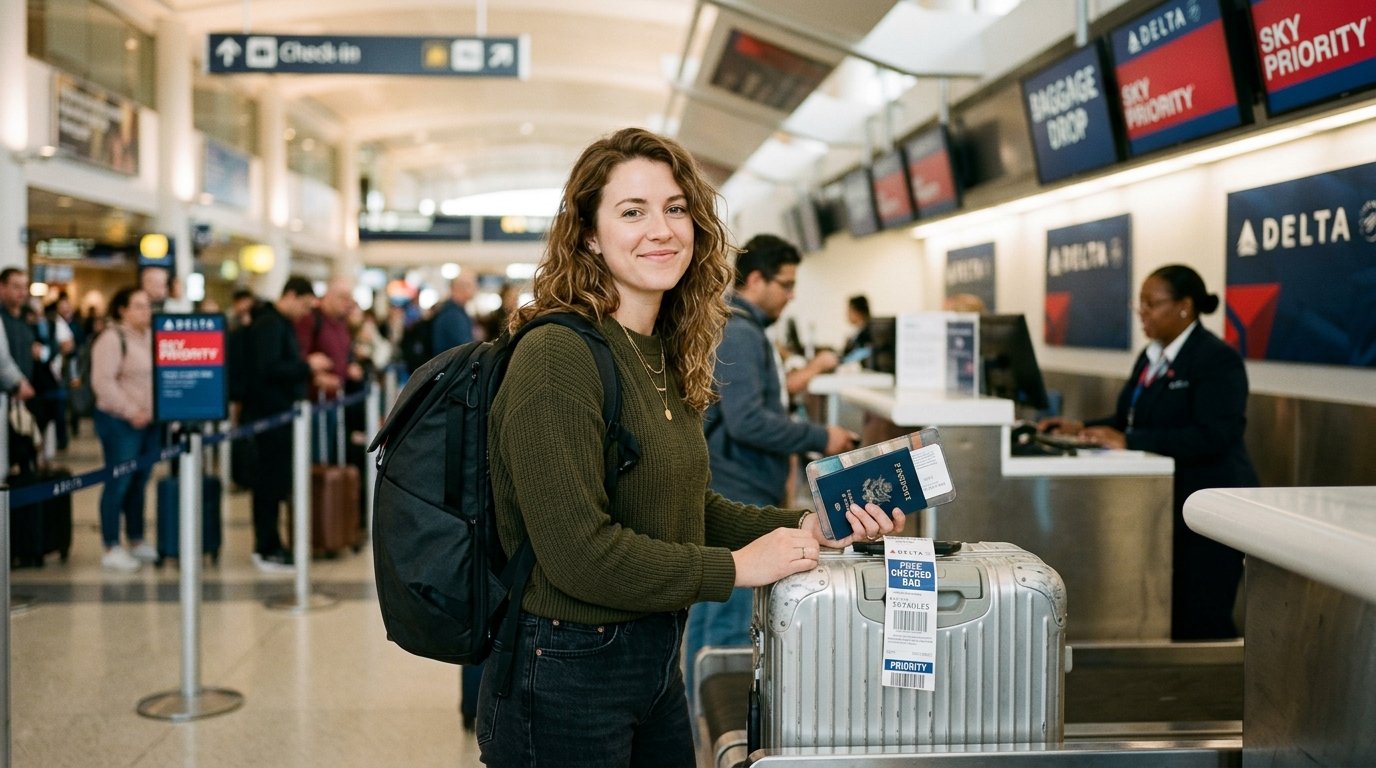 Delta SkyMiles Gold American Express Card 2026 free first checked bag benefit for cardholder + 8 companions