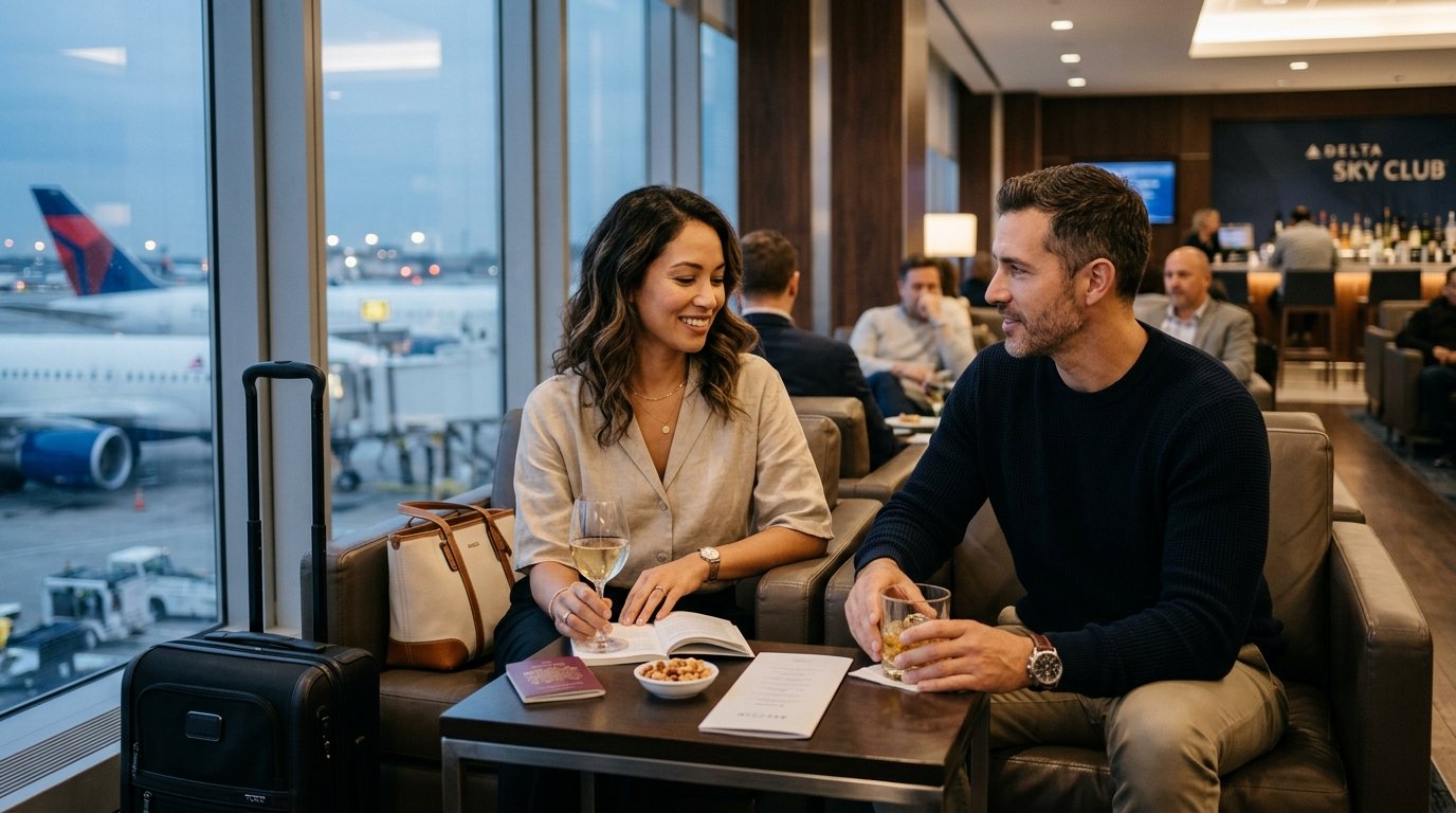 International couple using Delta SkyMiles lounge and transfers 2026