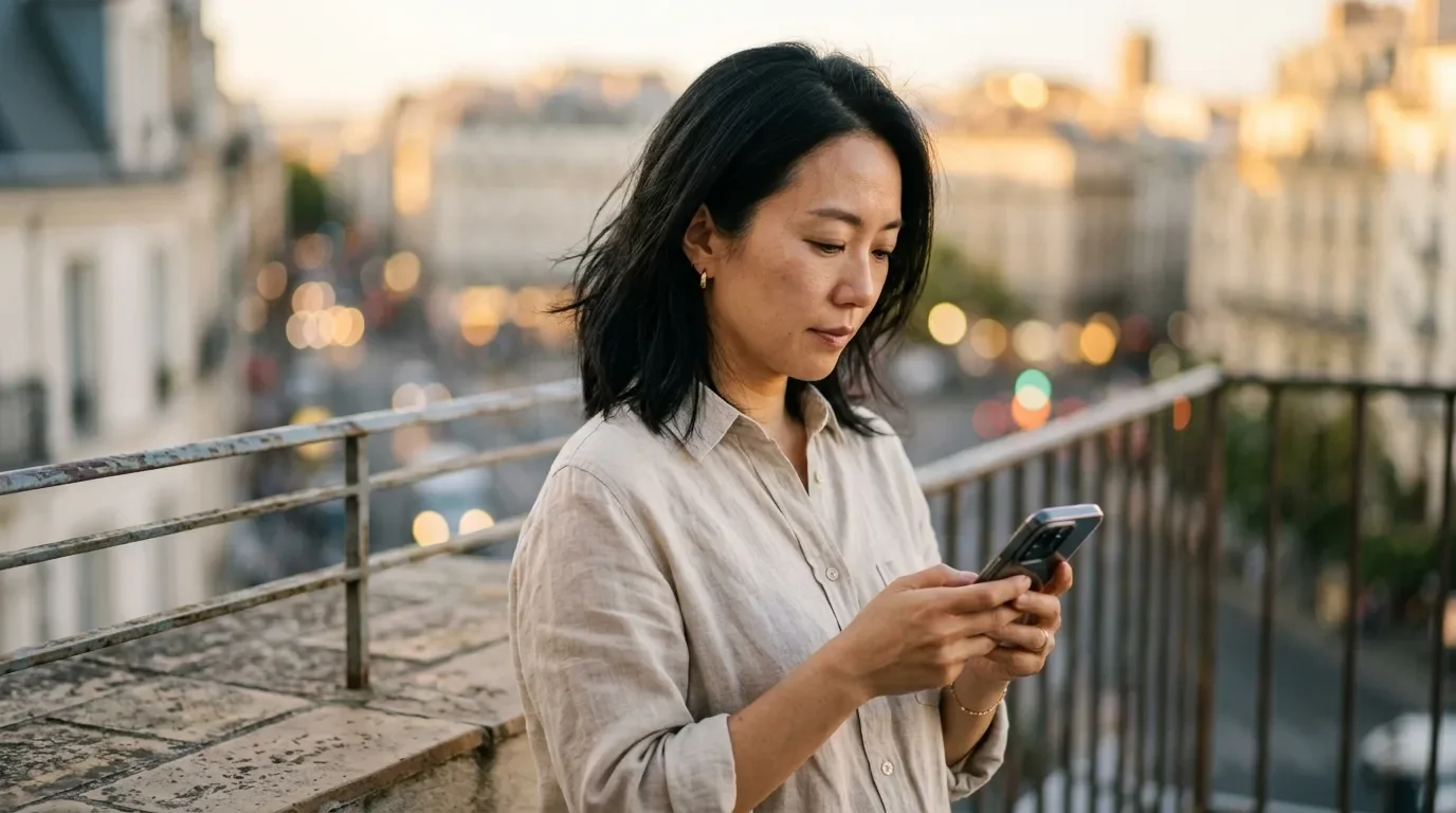 Traveler checking hotel loyalty points on balcony at golden hour – 2026 devaluation reflection