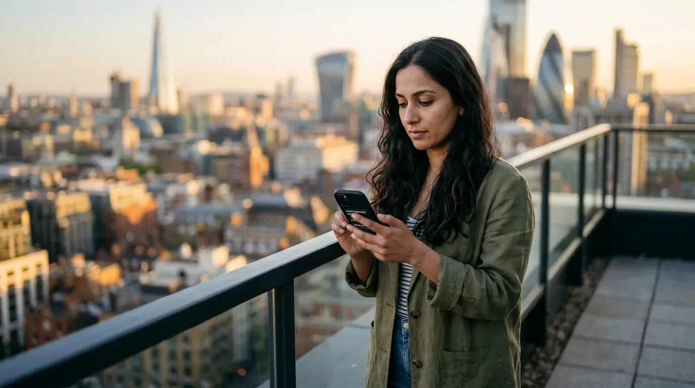 Traveler reviewing IHG One Rewards dynamic pricing on phone at hotel balcony