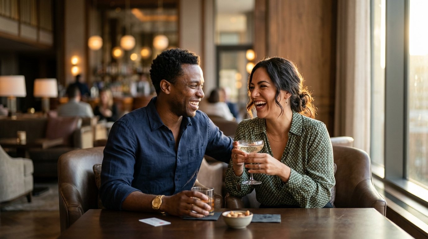 Couple experiencing Marriott Bonvoy Platinum elite lounge and perks during evening stay authentic traveler value 2026