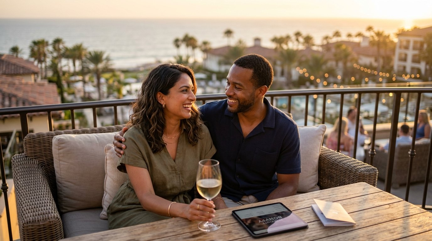Couple finding clear answers to Marriott Bonvoy worth it questions during relaxing evening resort experience authentic 2026 travel