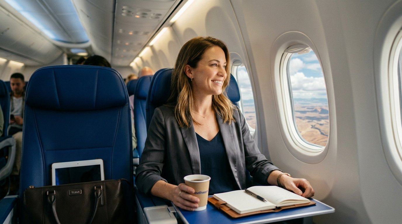 Southwest credit card review 2026 – solo traveler on Southwest flight with free checked bag and Companion Pass perks