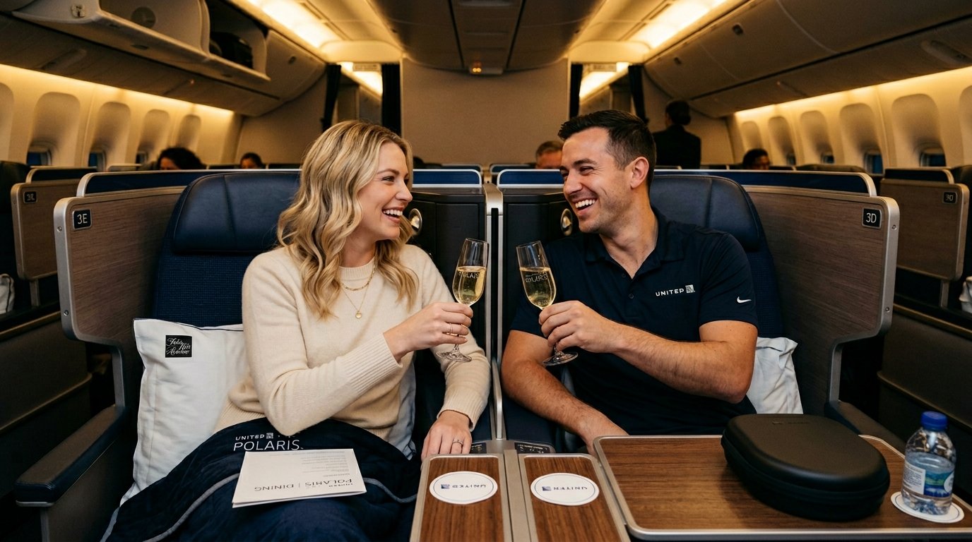 Couple enjoying United MileagePlus PlusPoints upgrade vs Delta upgrades 2026
