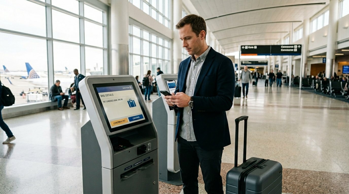 Traveler checking new US airline checked bag fees April 2026 at airport kiosk – exact rates by carrier